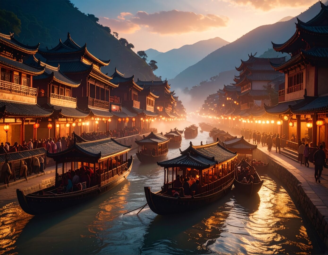 Historische Szenerie – Laternen, Boote, Handelsweg