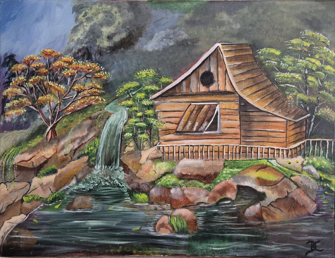 Acryl – Werk / Szene mit Haus und Wasser